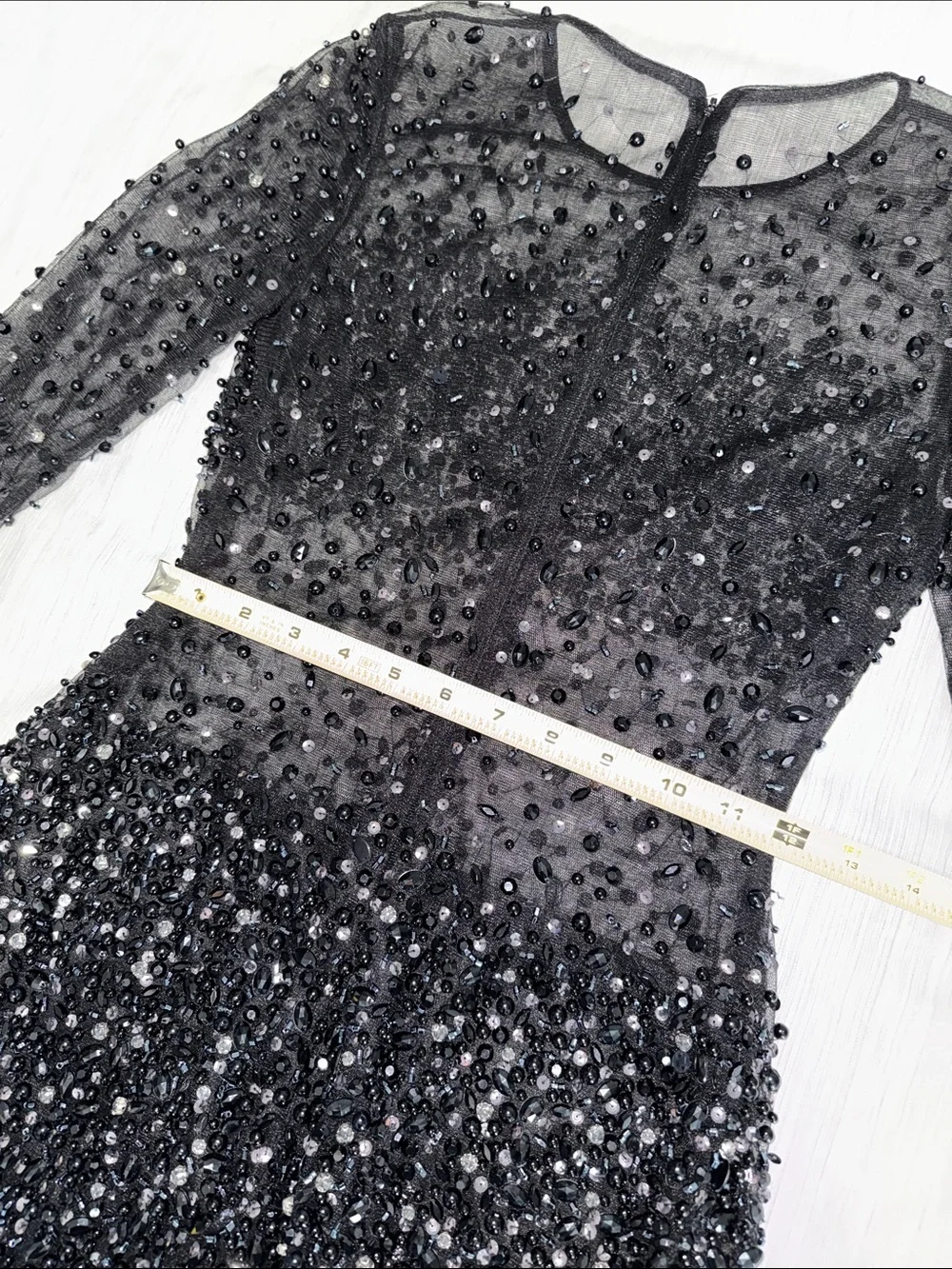 Black Beaded Sheer Mesh Long-Sleeve Mesh Mini Cocktail Dress - Picture 14 of 17